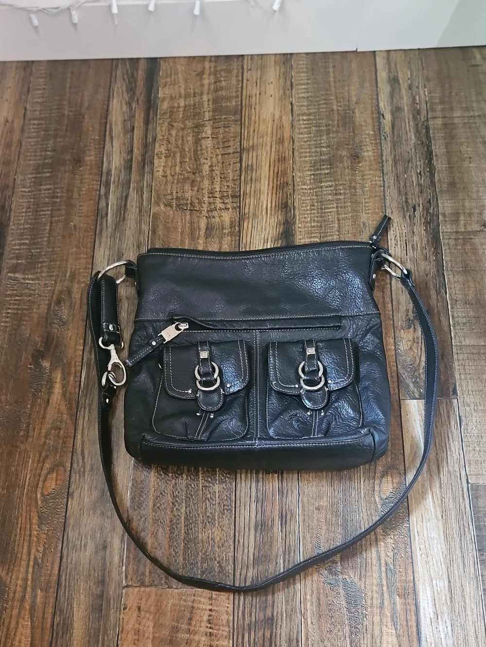 Stone Mountain Black Pebbled Leather Hobo Crossbody Bag with Dual Front‎ Pockets